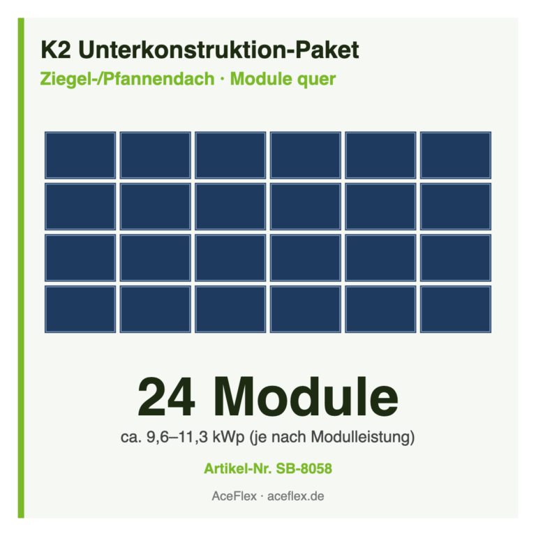 K2 Unterkonstruktion-Paket für Ziegeldach mit 24 Modulen quer – Schema
