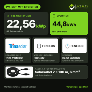 22,56 kWp Photovoltaik-Set mit Speicher | 48x Trina Vertex S+ 470 Wp + Fenecon Home 30 kW mit 44,8 kWh Speicher (mit Notstrom)