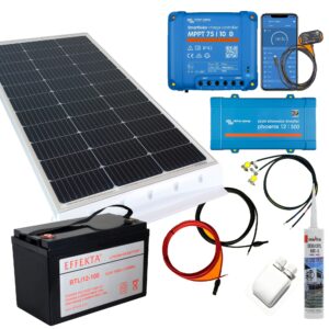 130 Watt Wohnmobil Set mit Victron 75/10, 500W Smart Spannungswandler & 100Ah Lithium Batterie schwarz